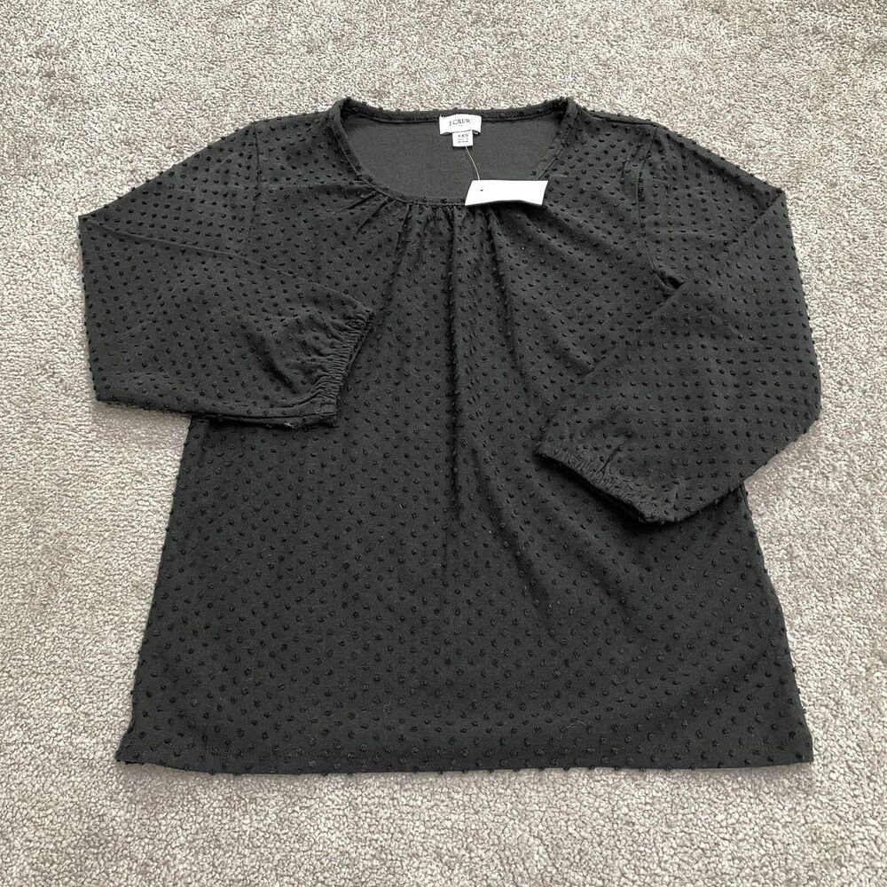 J.Crew Tunic Blouse Womens XXS Black Poet Sleeve Clip Dot Pleated Round Neck NWD